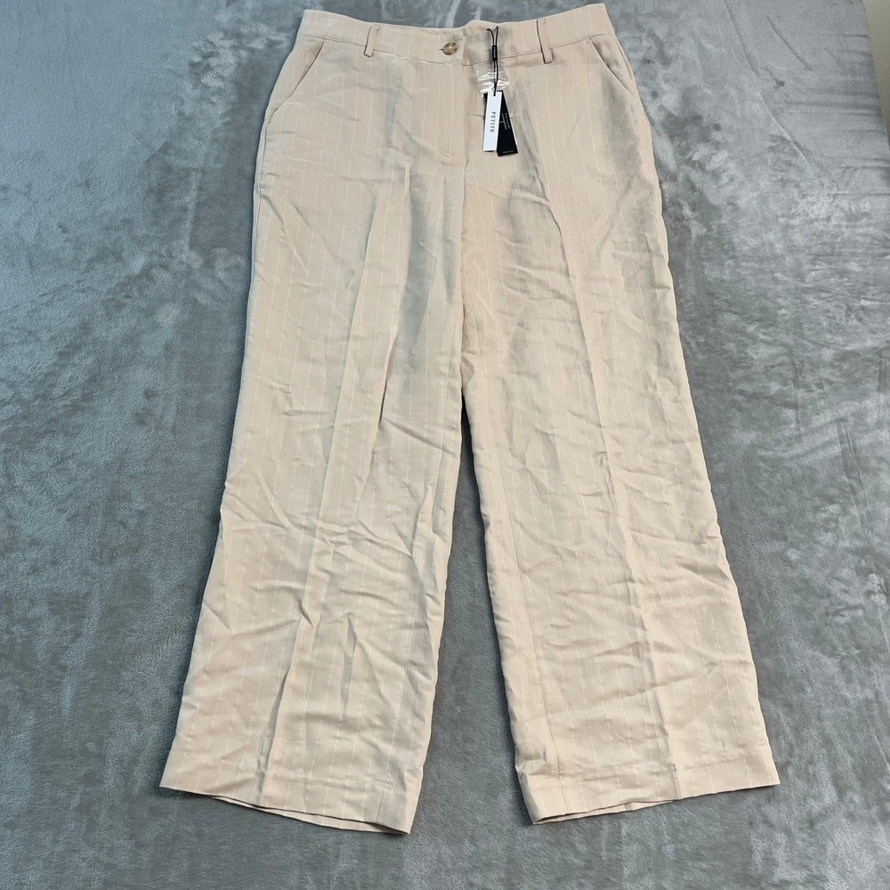 NWT Tahari Petite Wide Leg Pinstripe Pants Toast Beige White 12P Career Rayon